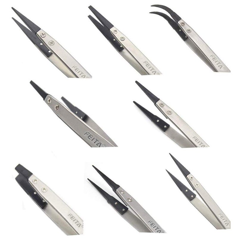 FEITA Precision Tweezer Set - FEITA Antistatic Replaceable Fiber Tip Stainless Steel ESD Tweezers for Electronics, Jewelry-Making, Laboratory, Hobby (8 Pcs) - Image 3
